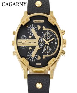 Luxury Cagarny Quartz Watch Men Correa de cuero negro Caso dorado Dual Times Militar Dz Relogio Masculino Casual Mens Watches Man X2524751