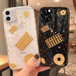 Luxe Dessin Animé Feuille D'or Abacus Étui Souple pour iPhone 14 13 12 11 Pro Max 7 8 Plus 6 6s X XS XR Lucky Fortune Boîtier De Protection