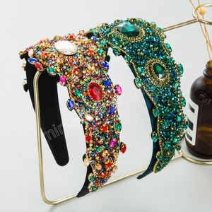 Diademas de lado ancho con diamantes coloridos de lujo, accesorios para el cabello a la moda para mujer, diadema con diamantes de imitación para fiesta
