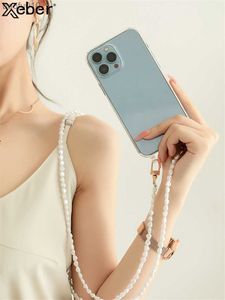 Crossbody de lujo con cordón joyería cadena de perlas soporte transparente funda de teléfono para iPhone 14 12 11 13 Pro Max XS X XR 7 8 Plus cubierta L230619