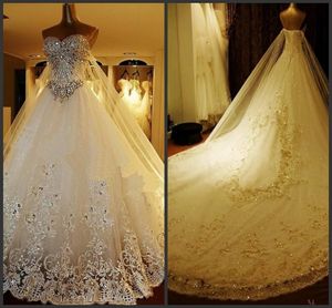 Cristal de luxe 2021 robes de mariée A-ligne dentelle cathédrale à lacets dos robes de mariée chérie Appliques perlé jardin ensembles gratuits