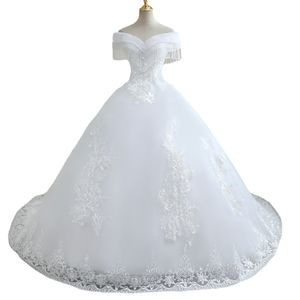 Vestido de novia con cuentas de cristal de lujo Una línea fuera del hombro Manga corta Color blanco Corte Tren Vestido de novia Precio de fábrica WX0268