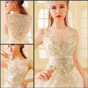 Luxe Cristal Brillant Diamant Sexy Robe De Mariée Robe De Bal Tulle Sheer Cou Dentelle Cour Train De Mariage Robes De Mariée Avec Grand Arc