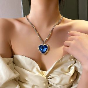 Pendentif coeur en cristal de luxe collier en or blanc 14 carats pour femmes collier complet en strass Titanic coeur d'océan bleu coeur amour pour toujours bijoux