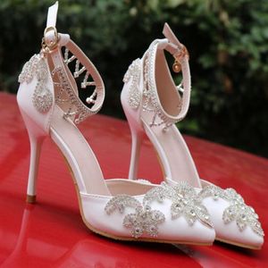 Zapatos nupciales de la boda de cristal de lujo para la novia Rhinestones del diseñador Sandalias de diseñador de las mujeres de alta calidad Tacón alto barato 9 CM Pointed221u