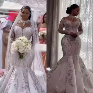 Cristaux de luxe perlés sirène robes de mariée manches longues dentelle appliques col haut balayage train sur mesure 2024 grande taille vestido de novia