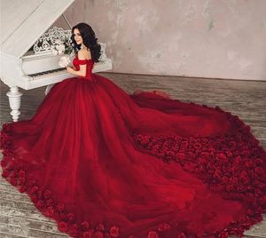 Robe De mariée De luxe à fleurs 3D, rouge foncé, épaules dénudées, grande taille, fleurs faites à la main, en Tulle, robes formelles, 2024