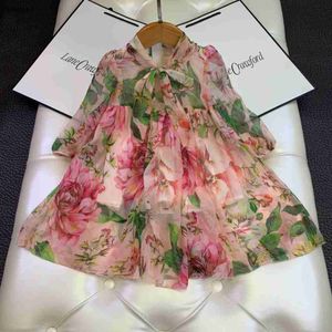 Robe de luxe de styliste pour filles, tenue d'été à fleurs pour bébé, tenue de printemps avec nœud, manches longues, vêtements doux pour enfants