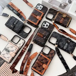 Funda de teléfono de cuero de diseñador de lujo para iPhone 15 Pro Max 14 13 12 Pro Plus Marca de moda Fundas de contraportada Monedero Titular de la tarjeta Monedero de bolsillo Chica cruzada