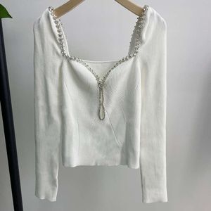 Suéter de diseñador de lujo SP Pollovers de punto blanco Whele Mujeres Rinés cuadriculado Cuello cuadrado Slim