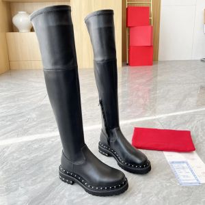 Designer de luxe femmes bottes longues mode bottes en cuir véritable talons moyens sur les bottes au genou en daim de vache naturelle fermeture éclair imperméable à l'extérieur chaussons féminins