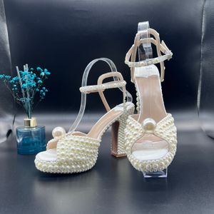 Sacora Sandalias de mujer SACARIA perla de diseñador de lujo Elegante vestido de novia nupcial Zapatos tacones de plataforma Perlas Sandalias de cuero para mujer Con tamaño de caja: 35-43