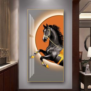 Luxury European Noble Court Horse Canvas Pinting Animal Black Horse Partters Arte de pared Brown Steed Impresiones Decoración del porche