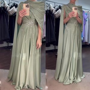 Robes de soirée de luxe avec cape vert olive une ligne robe de bal cristal perlé pli longue arabe dubaï vêtements formels