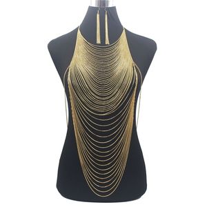 Moda de lujo Brillante Cuerpo Sexy Vientre Oro Plata Color Cadena completa Cuerpo Cadena Sujetador Esclavo Arnés Collar Borla Cintura Joyería T200507