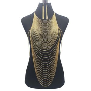 Mode de luxe brillant Sexy corps ventre couleur or chaîne complète corps chaîne soutien-gorge esclave harnais collier gland taille bijoux 240221