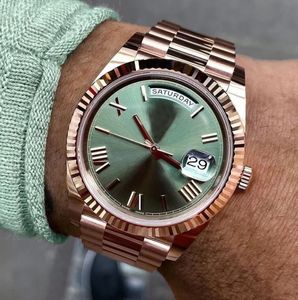 Montre de mode de luxe DAY DATE or rose cadran vert numéro de Rome visage grande date verre saphir en acier inoxydable montres mécaniques pour hommes d'affaires 40 mm