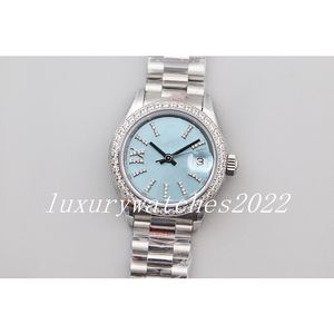 Luxury Fashion Womens Watch 28mm Ice Blue Cadran Diamond Bezel Ref.279136 Top-Quality White Gold Stainless Steel Band Automatic Lady Wristwatch Gift