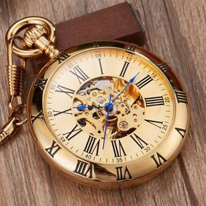 Luxury Gold Automatic Mechanical Pocket Watch Retro Copper Watches Numerales romanos Cadena Fob Pendants Men Women323Q