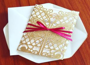 Invitaciones de boda de mariposa con brillo dorado de lujo con cinta DIY Corte láser Tarjetas de fiesta de quinceañera estampadas personalizadas Bebé Sh8454566