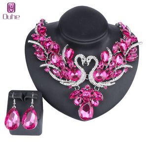 Luxe plaqué or vert cristal nouveau Collier Femme Double cygne déclaration Collier boucle d'oreille pour les femmes fête mariage ensembles de bijoux