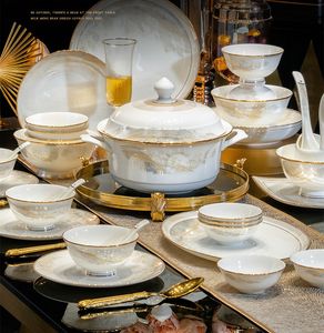 Luxury Gold Rim Tableware Under Glaze Artistic Landscape Pattern Bone China Dinner Set Ceramic White Dinnerware