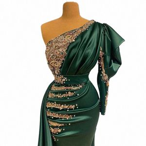 Luxe vert soirée Dres Dubai arabe or Applique Satin formelle robes de soirée sirène femmes Robe avec une épaule manches C1bz #