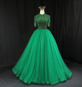 Robes de mère de luxe vert col haut à manches courtes, robe de bal en cristal, robes de concours à perles majeures