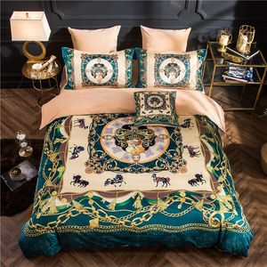 luxe vert hiver designer ensembles de literie velours reine King size housse de couette drap de lit taies d'oreiller cheval imprimé créateurs de mode couette ensemble