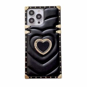 Étuis de téléphone de luxe en forme de coeur pour iPhone 15 14 13 12 11 Pro Max 15Pro 14Plus Xr Galaxy S24 S23 S22 Note 20 10 Étui en cuir avec béquille en strass