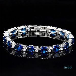 Joyería de lujo a estrenar Plata de Ley 925 corte ovalado diamante azul rubí Popular mujer pulsera de boda para regalo de amante