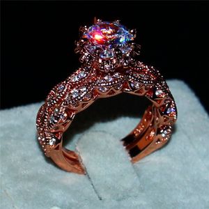 BIJOUX de luxe fleur 100% silod 925 Sterling SilverRose gold ring Big 3ct Diamond CZ Gemstone Ring Engagement Wedding Couple Rings Set