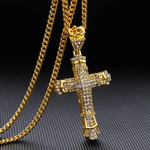 Bijoux de luxe Hip Hop Rock Cross Collier en or jaune 14 carats pour hommes Rap Chaîne cubaine Pendentif Religion chrétienne Vintage Bijoux d'amitié Cadeaux