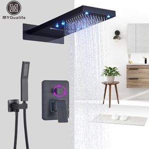 Robinet de douche noir mat de luxe Rectangle LED Précipitant la douche de douche 3 façons