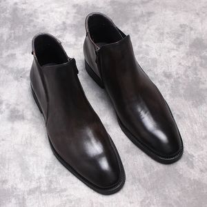 Luxe hommes bottines en cuir véritable chaussure marron noir haute qualité fermeture éclair mode Chelsea botte bureau robe de mariée chaussures hommes bottes