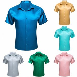 Chemises de luxe pour hommes à manches courtes en soie solide satin bleu or sarcelle vert gris rose slim fit décontracté été hauts vêtements Barry Wang m7sJ #