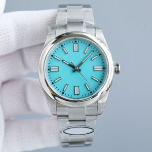 Reloj de lujo para hombre Tipo Oyster Movimiento constante Esfera azul turquesa 41 mm Marca de tiempo en forma de barra Luminoso Bloqueo de doble botón Doble máquina automática a prueba de agua