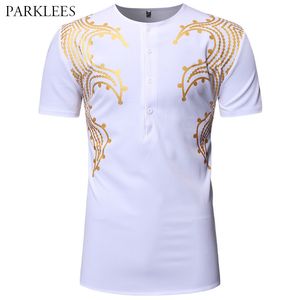 Camiseta de manga corta con estampado Floral africano metálico de lujo para hombre, camisetas Dashiki doradas para hombre, ropa informal de talla grande para hombre 210524