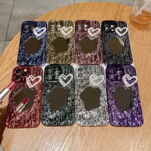 Perles de miroir de luxe Étuis coeurs coeur pour iPhone 15 plus 14 Pro Max 13 12 11 Placing Bling Soft TPU Marble Rock Stone Grain Grain Chromé Metallic Camera Lens Protector Covers