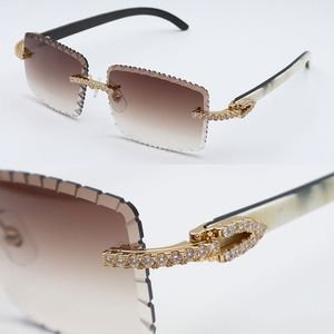 Luxe Moissanite diamant ensemble lunettes de soleil sans monture hommes grosses pierres diamant Lentes de Sol Mujer Original blanc à l'intérieur noir corne de buffle femmes diamant coupe lentille lunettes