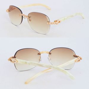 Luxury Moissanite Diamond Set Rimless Sunglasses Womans White V￩riennes Lunerie de corne naturelle Design Mod￨le classique Box Cadre Lunets Taille 61-18-140MM