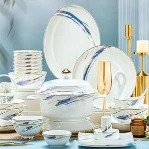 Luxury Nordic Gold Rim Ceramic Tableware 62pcs Artistic Fine Bone China Plates and Dishes Dinner Set