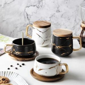 Tasses à café condensées en céramique de marbre nordique de luxe, tasses à lait pour petit déjeuner, soucoupe avec plat et cuillère, ensemble Ins1851