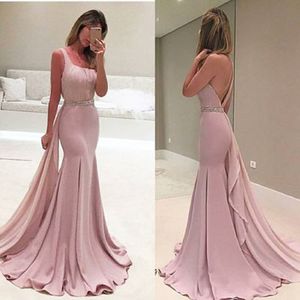 Vestidos de Noche de sirena rosa de lujo, mangas con cinturón de perlas, vestido de noche Formal de Arabia Saudí de Dubái, vestido de fiesta de graduación