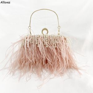 Lujo rosa mujer pluma de avestruz embrague perla borla monederos y bolsos boda nupcial diseñador vestido felpa Clip bolsos de hombro CL2651