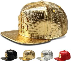 Lujo PU Cuero Hip Hop Hats Crocodile Grano Snapback Oro $ logo DJ gorras de béisbol Punk Hiphop Hat para hombres Mujeres Deporte al aire libre Casquette