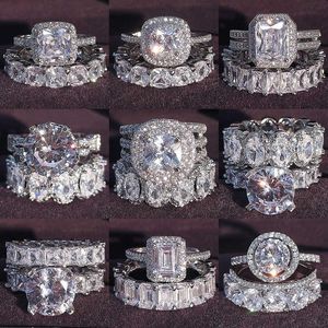 Anillos de plata de ley 925 auténtica de lujo, conjunto de anillos de boda de corte princesa ovalado para mujer, banda de compromiso, joyería de eternidad, regalo de Zirconia