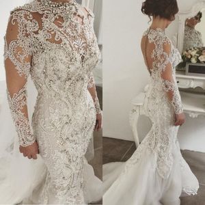 Strass de luxe robe de mariée sirène robes de mariée col haut perlé dentelle appliques manches longues robe de mariée sexy tulle longues robes de mariée