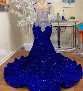 Luxury Royal Blue PROM Vestido 2023 Dubai Crysatl Velvet Sequine Mermaid Long Evening Formal Gowns Robe de Soiree Vestidos Feast Customed