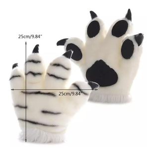 Guantes de peluche de tigre de simulación de lujo a rayas de cosplay de animal mullido